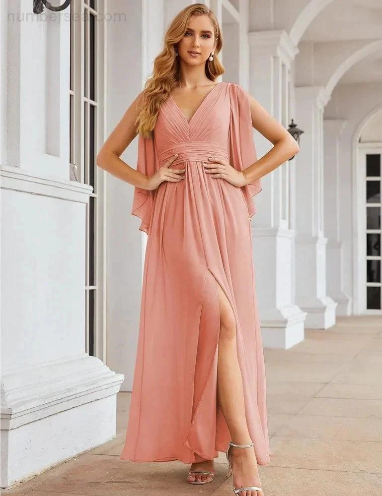 Numbersea Chiffon Bridesmaid Dresses with Split for Women Wedding Long Party Prom Gown Flutter Sleeve SEA28045 by numbersea
