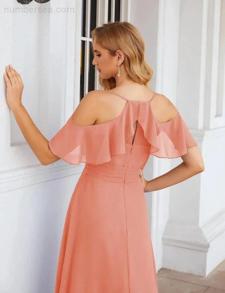 Numbersea Chiffon Cold Shoulder Long Bridesmaid Dresses Plus Size Formal Prom Gowns for Women Party Wedding SEA28070 by numbersea