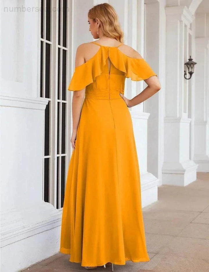 Numbersea Chiffon Cold Shoulder Long Bridesmaid Dresses Plus Size Formal Prom Gowns for Women Party Wedding SEA28070 by numbersea