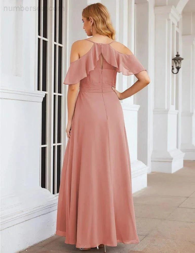 Numbersea Chiffon Cold Shoulder Long Bridesmaid Dresses Plus Size Formal Prom Gowns for Women Party Wedding SEA28070 by numbersea
