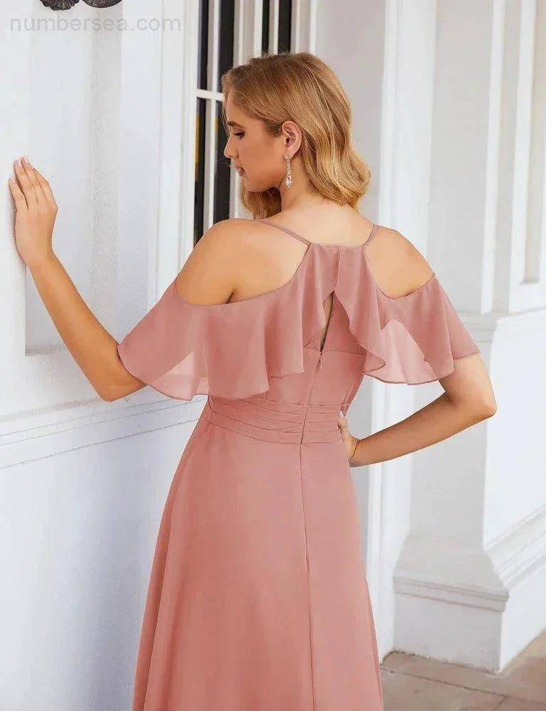 Numbersea Chiffon Cold Shoulder Long Bridesmaid Dresses Plus Size Formal Prom Gowns for Women Party Wedding SEA28070 by numbersea