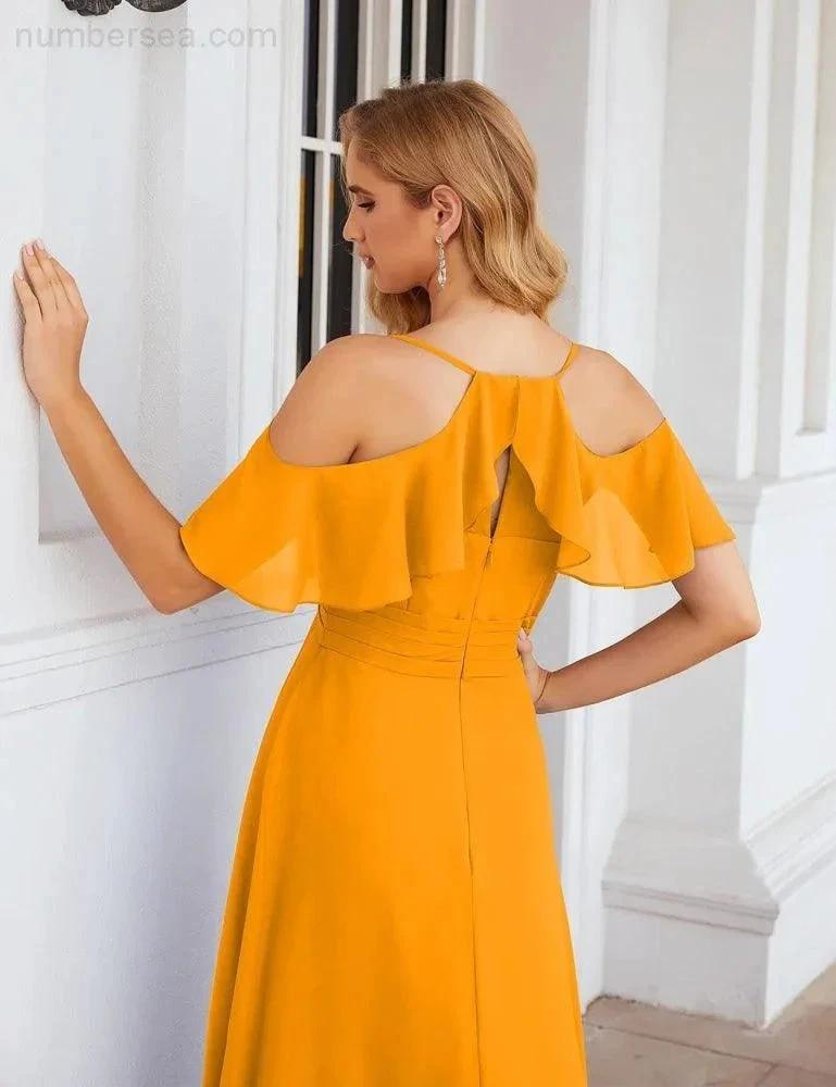 Numbersea Chiffon Cold Shoulder Long Bridesmaid Dresses Plus Size Formal Prom Gowns for Women Party Wedding SEA28070 by numbersea