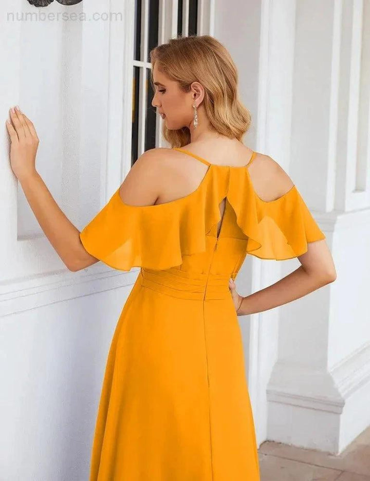 Numbersea Chiffon Cold Shoulder Long Bridesmaid Dresses Plus Size Formal Prom Gowns for Women Party Wedding SEA28070 by numbersea