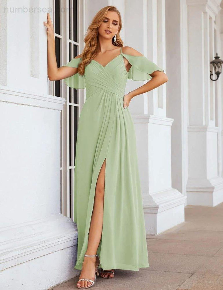 Numbersea Chiffon Cold Shoulder Long Bridesmaid Dresses Plus Size Formal Prom Gowns for Women Party Wedding SEA28070 by numbersea
