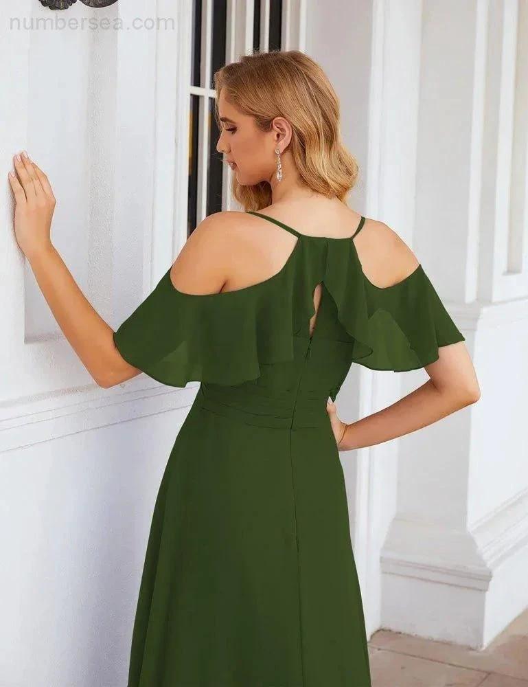 Numbersea Chiffon Cold Shoulder Long Bridesmaid Dresses Plus Size Formal Prom Gowns for Women Party Wedding SEA28070 by numbersea