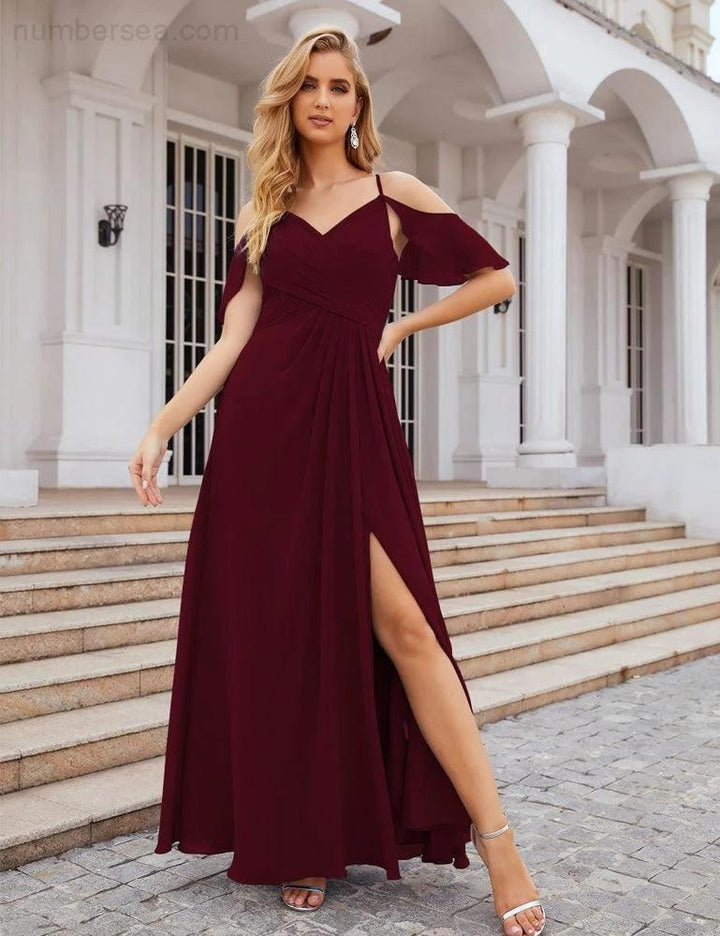 Numbersea Chiffon Cold Shoulder Long Bridesmaid Dresses Plus Size Formal Prom Gowns for Women Party Wedding SEA28070 by numbersea