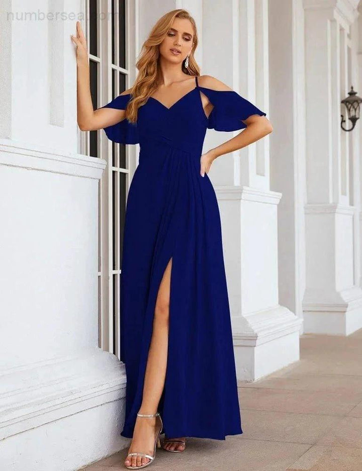 Numbersea Chiffon Cold Shoulder Long Bridesmaid Dresses Plus Size Formal Prom Gowns for Women Party Wedding SEA28070 by numbersea