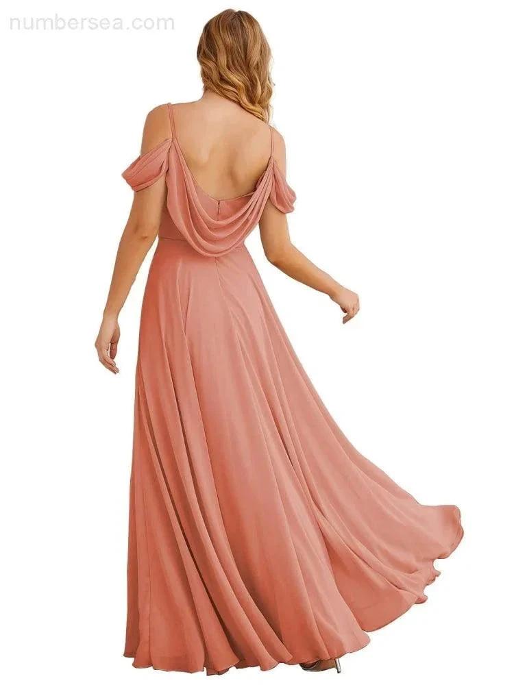 Numbersea Cold Shoulder Chiffon Bridesmaid Dresses Long Maxi Formal Prom Gowns for Women Party SEA28059 by numbersea