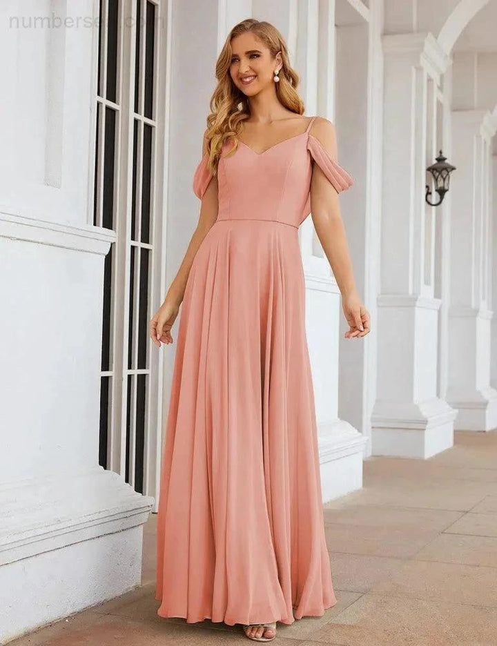 Numbersea Cold Shoulder Chiffon Bridesmaid Dresses Long Maxi Formal Prom Gowns for Women Party SEA28059 by numbersea