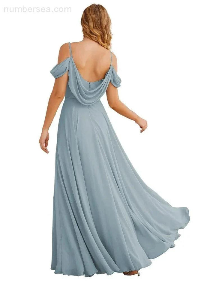 Numbersea Cold Shoulder Chiffon Bridesmaid Dresses Long Maxi Formal Prom Gowns for Women Party SEA28059 by numbersea