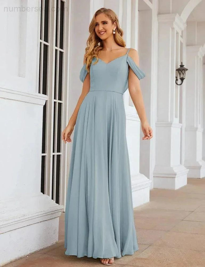 Numbersea Cold Shoulder Chiffon Bridesmaid Dresses Long Maxi Formal Prom Gowns for Women Party SEA28059 by numbersea