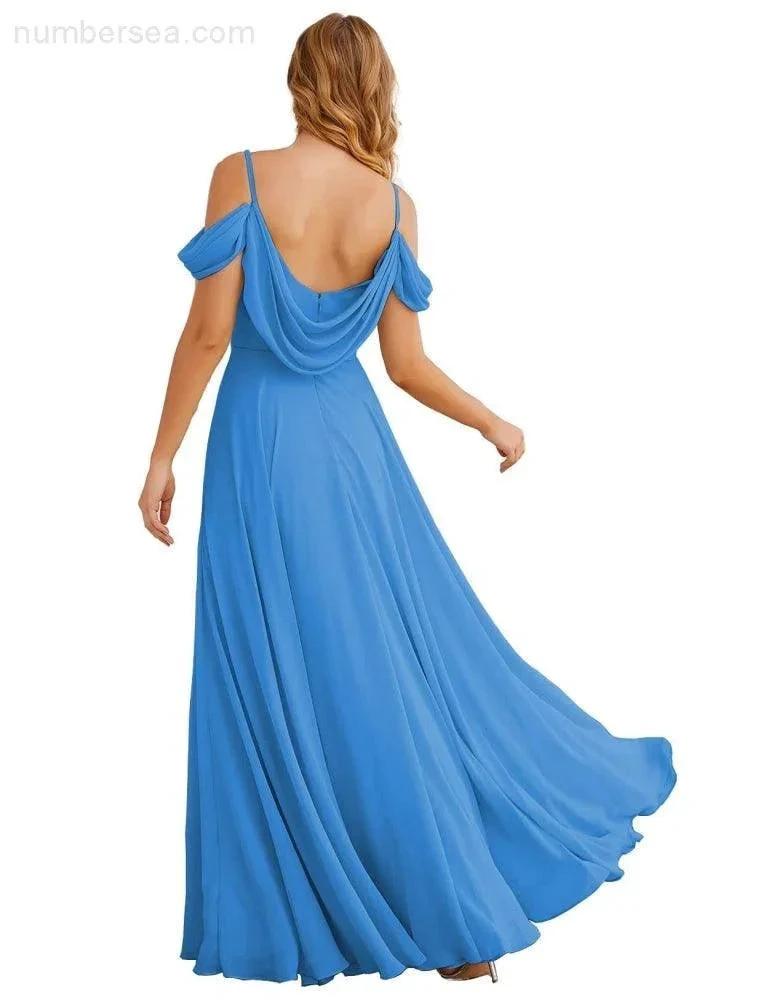 Numbersea Cold Shoulder Chiffon Bridesmaid Dresses Long Maxi Formal Prom Gowns for Women Party SEA28059 by numbersea