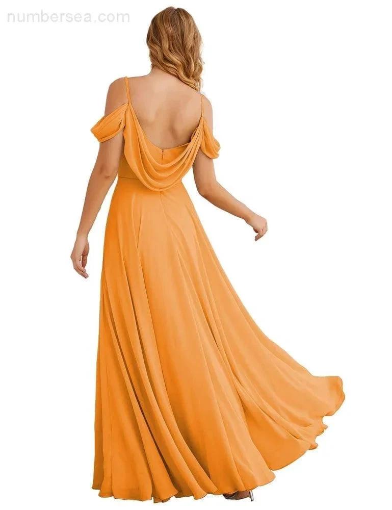 Numbersea Cold Shoulder Chiffon Bridesmaid Dresses Long Maxi Formal Prom Gowns for Women Party SEA28059 by numbersea