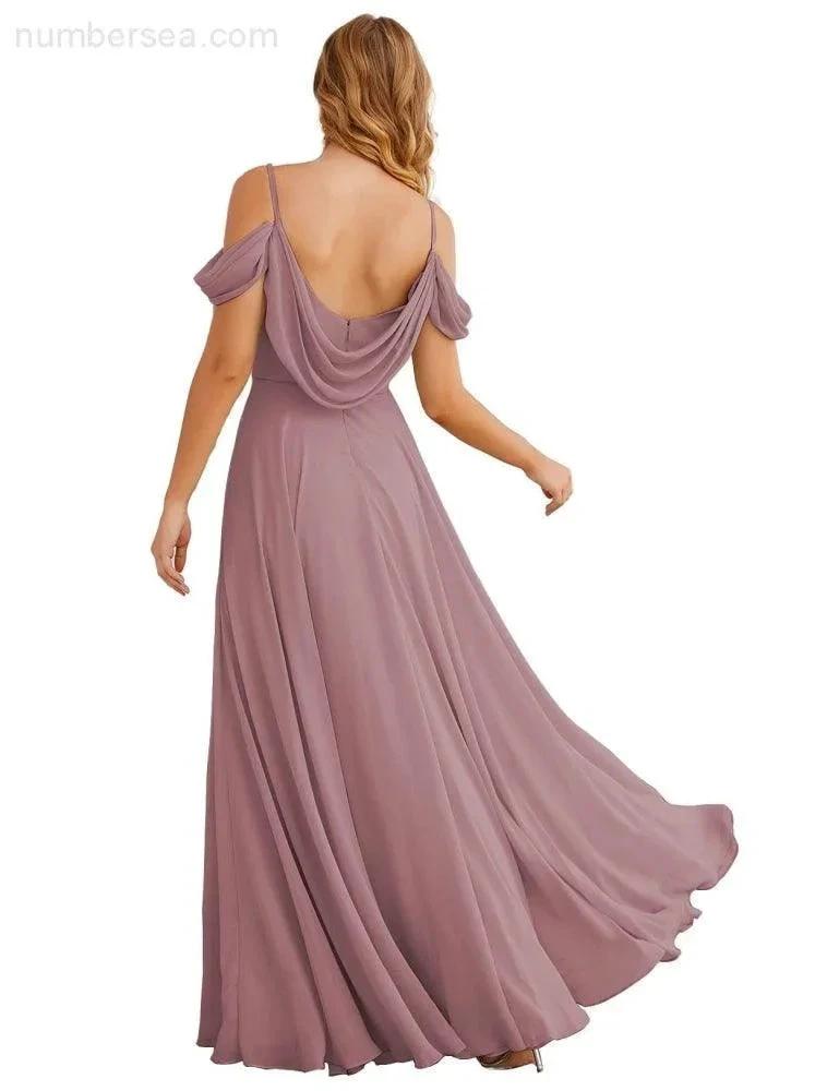 Numbersea Cold Shoulder Chiffon Bridesmaid Dresses Long Maxi Formal Prom Gowns for Women Party SEA28059 by numbersea
