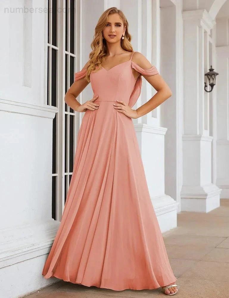 Numbersea Cold Shoulder Chiffon Bridesmaid Dresses Long Maxi Formal Prom Gowns for Women Party SEA28059 by numbersea