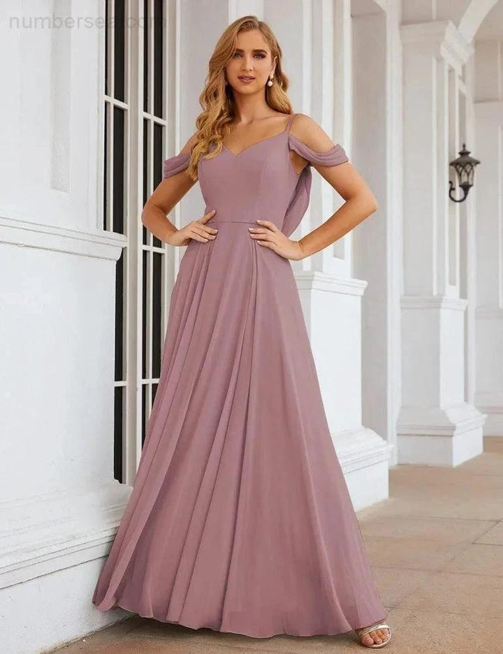 Numbersea Cold Shoulder Chiffon Bridesmaid Dresses Long Maxi Formal Prom Gowns for Women Party SEA28059 by numbersea