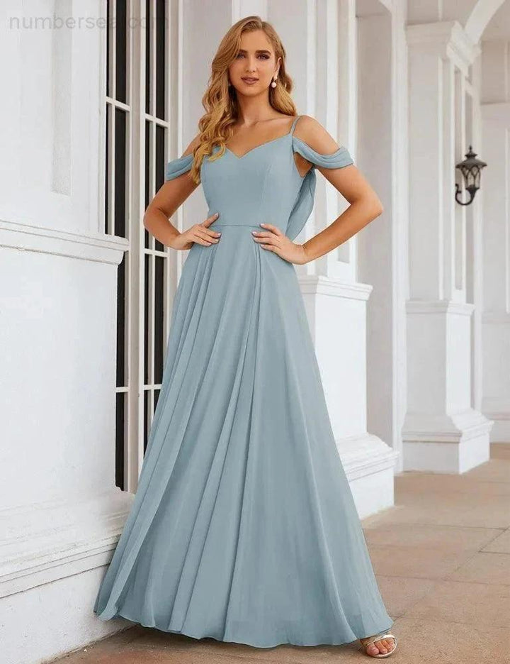 Numbersea Cold Shoulder Chiffon Bridesmaid Dresses Long Maxi Formal Prom Gowns for Women Party SEA28059 by numbersea