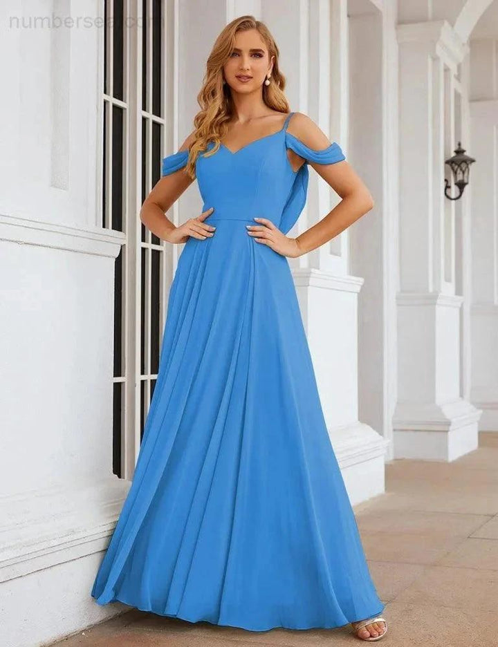 Numbersea Cold Shoulder Chiffon Bridesmaid Dresses Long Maxi Formal Prom Gowns for Women Party SEA28059 by numbersea