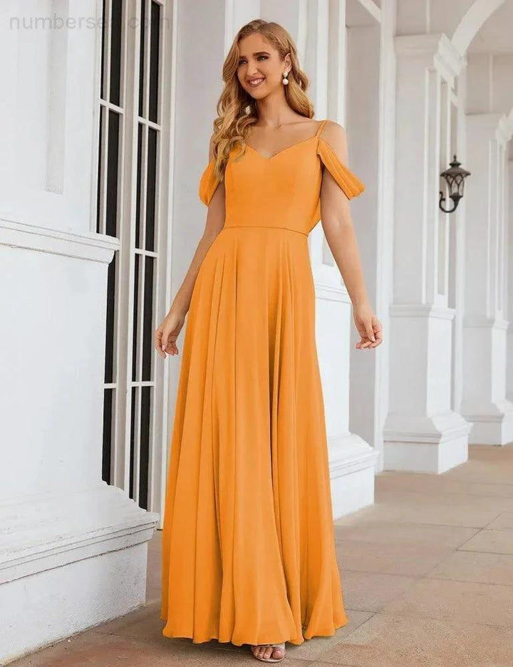 Numbersea Cold Shoulder Chiffon Bridesmaid Dresses Long Maxi Formal Prom Gowns for Women Party SEA28059 by numbersea