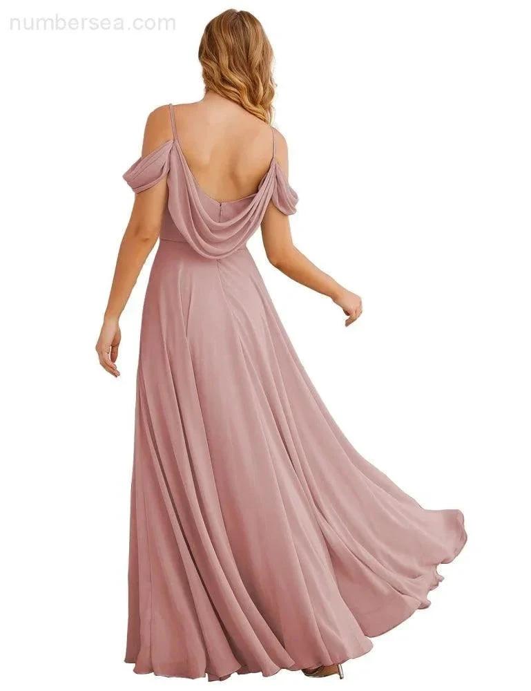 Numbersea Cold Shoulder Chiffon Bridesmaid Dresses Long Maxi Formal Prom Gowns for Women Party SEA28059 by numbersea