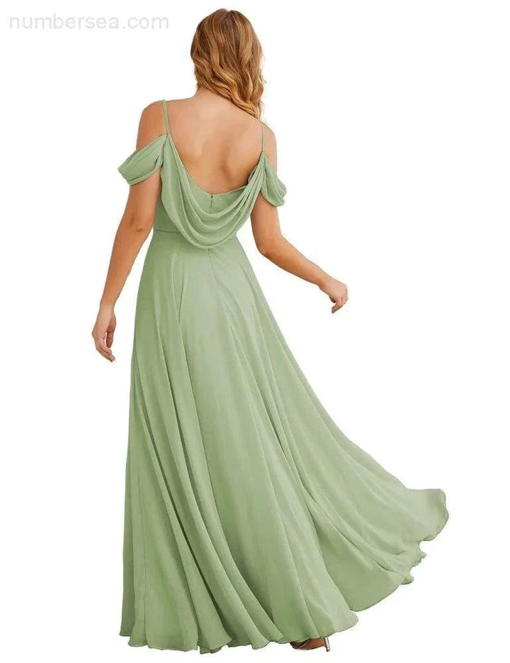 Numbersea Cold Shoulder Chiffon Bridesmaid Dresses Long Maxi Formal Prom Gowns for Women Party SEA28059 by numbersea