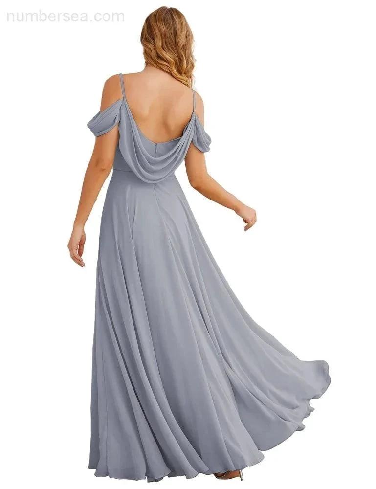 Numbersea Cold Shoulder Chiffon Bridesmaid Dresses Long Maxi Formal Prom Gowns for Women Party SEA28059 by numbersea