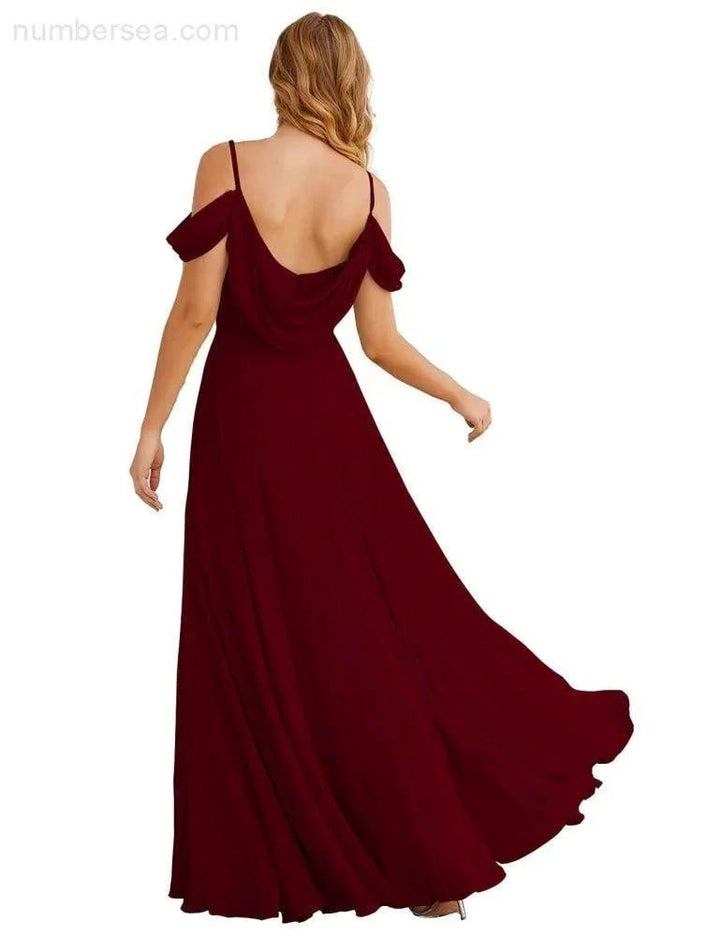 Numbersea Cold Shoulder Chiffon Bridesmaid Dresses Long Maxi Formal Prom Gowns for Women Party SEA28059 by numbersea