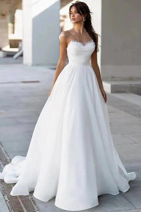 Glamorous Satin A-line Sweetheart Modest Wedding Dresses With Pearls MW1024 by Musebridals