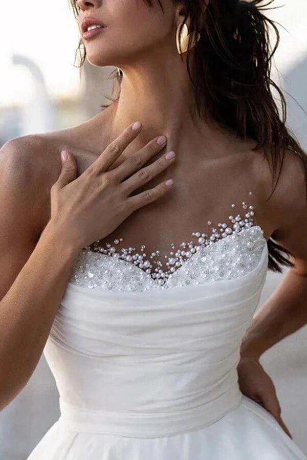Glamorous Satin A-line Sweetheart Modest Wedding Dresses With Pearls MW1024 by Musebridals