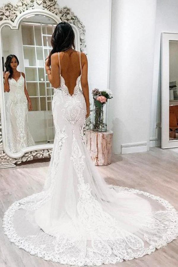 Gorgeous White Spaghetti Straps Lace Tulle Mermaid Court Train Wedding Dresses MW239 by musebridals