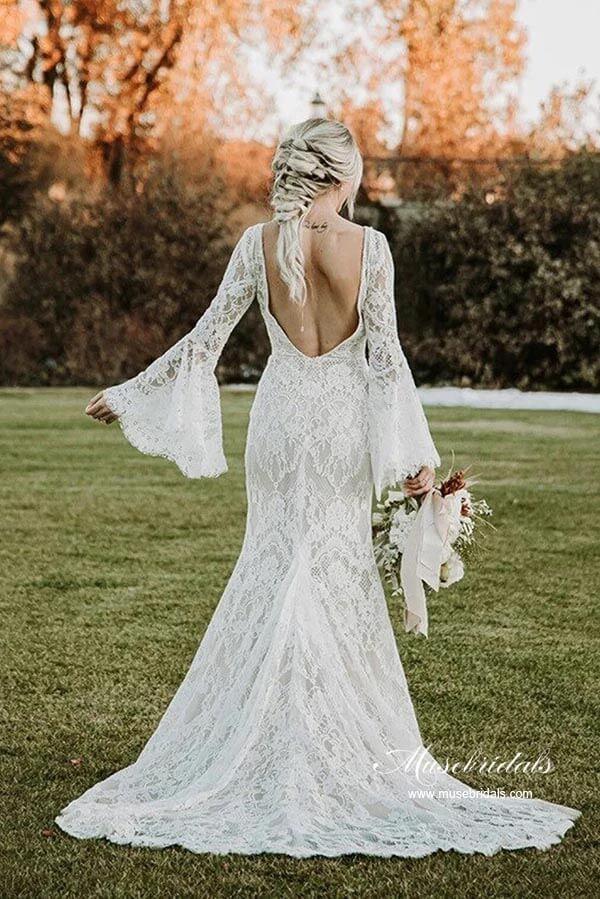 Lace Mermaid V-neck Long Sleeves Backless Vintage Wedding Dresses MW892 by Musebridals