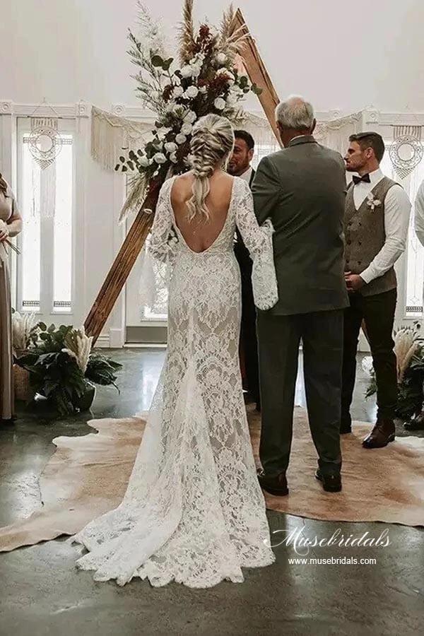 Lace Mermaid V-neck Long Sleeves Backless Vintage Wedding Dresses MW892 by Musebridals