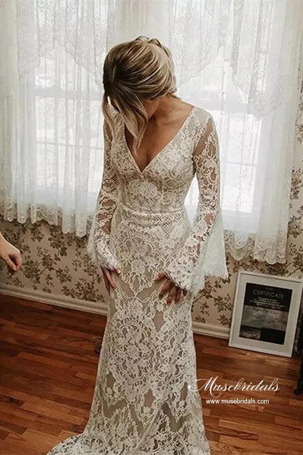Lace Mermaid V-neck Long Sleeves Backless Vintage Wedding Dresses MW892 by Musebridals