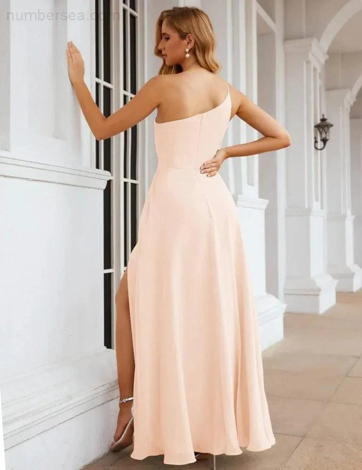 Numbersea One Shoulder Chiffon Bridesmaid Dresses Long Formal Homecoming Prom Gowns for Women Party Wedding Evening SEA28052 by numbersea