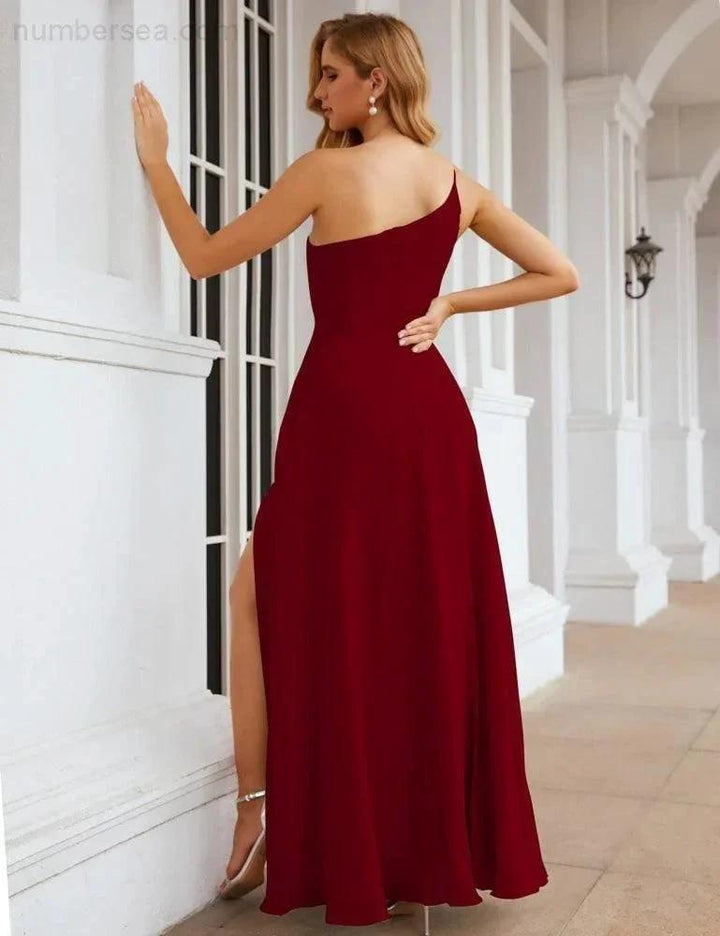 Numbersea One Shoulder Chiffon Bridesmaid Dresses Long Formal Homecoming Prom Gowns for Women Party Wedding Evening SEA28052 by numbersea