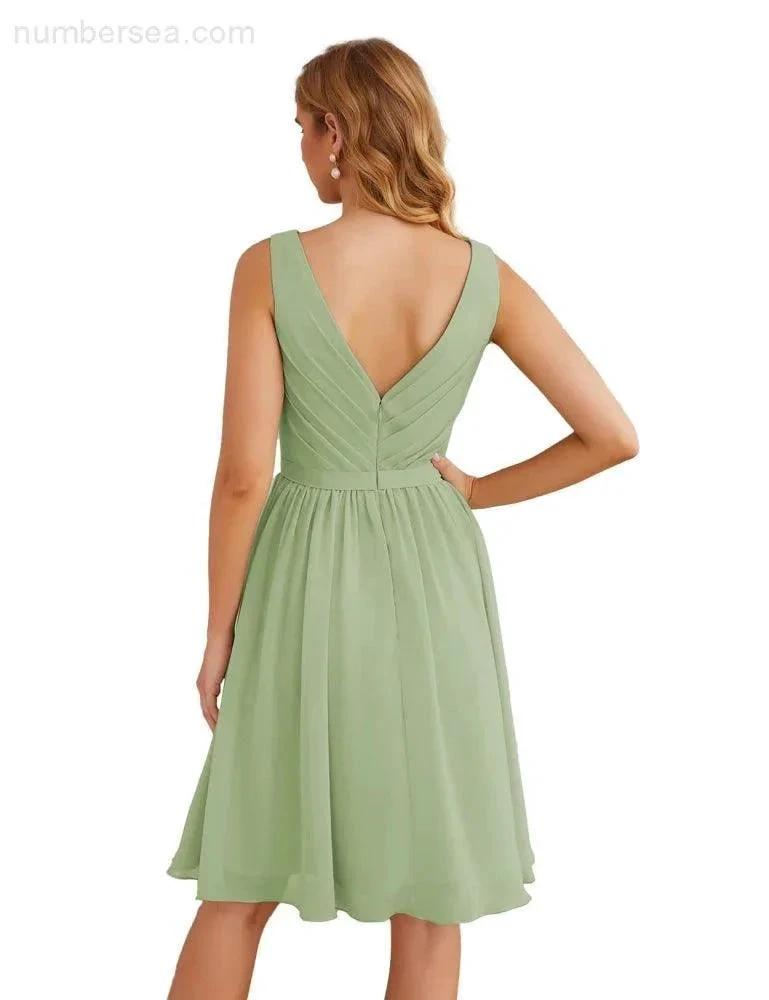 Numbersea V-Neck Bridesmaid Dresses Chiffon Short Knee Length Formal Prom Gowns for Women Party Homecoming SEA28062 by numbersea