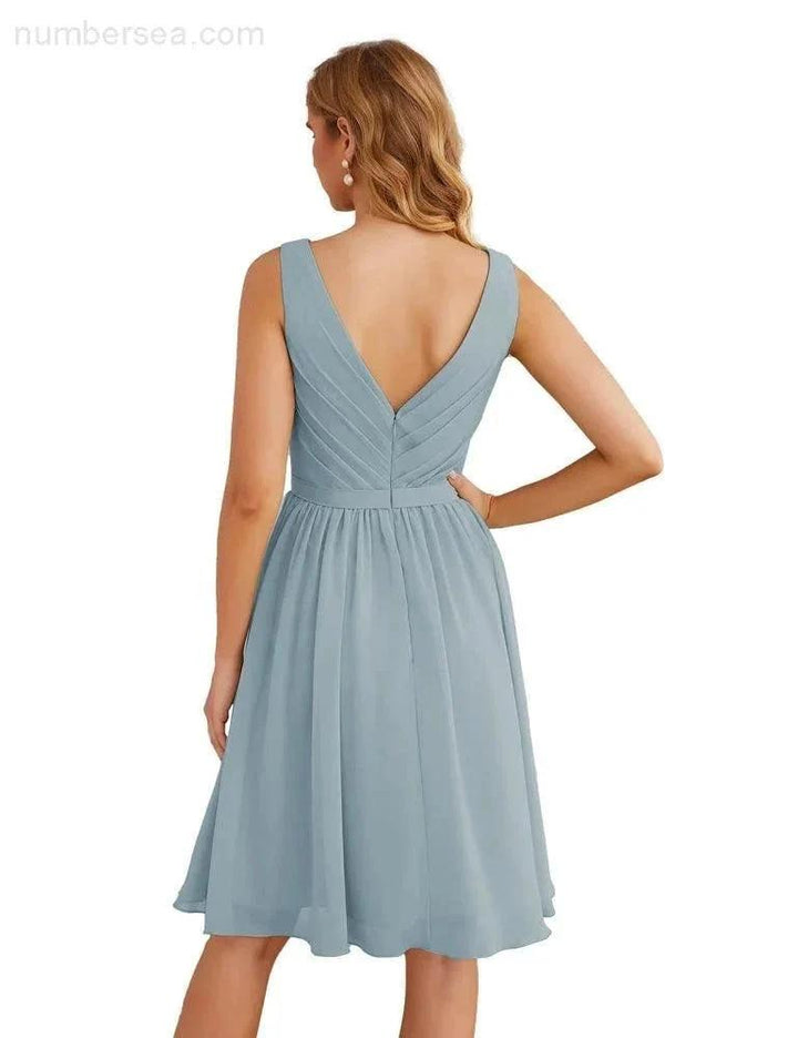 Numbersea V-Neck Bridesmaid Dresses Chiffon Short Knee Length Formal Prom Gowns for Women Party Homecoming SEA28062 by numbersea