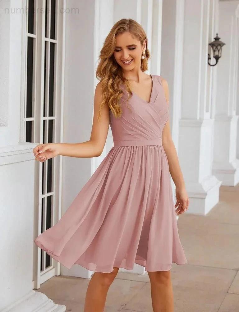 Numbersea V-Neck Bridesmaid Dresses Chiffon Short Knee Length Formal Prom Gowns for Women Party Homecoming SEA28062 by numbersea