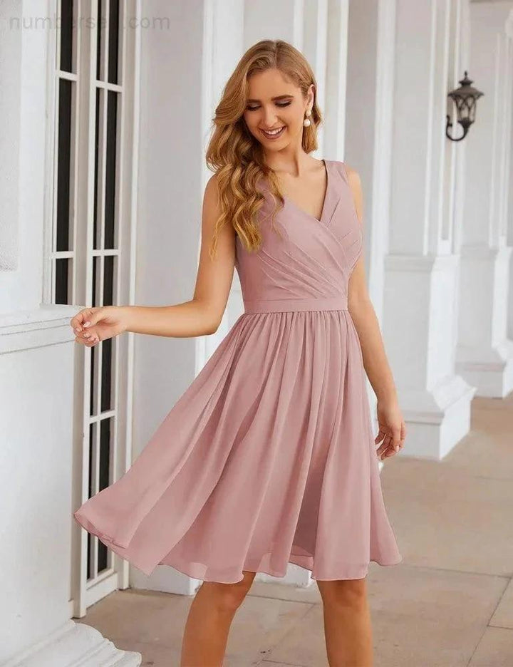 Numbersea V-Neck Bridesmaid Dresses Chiffon Short Knee Length Formal Prom Gowns for Women Party Homecoming SEA28062 by numbersea
