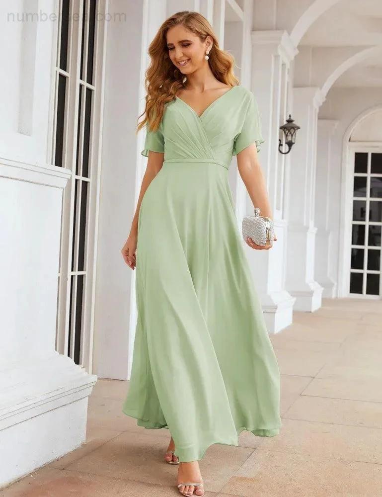 Numbersea Wrap V-Neck Chiffon Bridesmaid Dresses Long Formal Maxi Evening Gown for Wedding Guests SEA28049 by numbersea