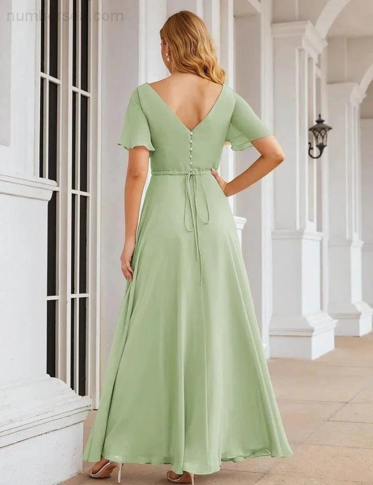 Numbersea Wrap V-Neck Chiffon Bridesmaid Dresses Long Formal Maxi Evening Gown for Wedding Guests SEA28049 by numbersea