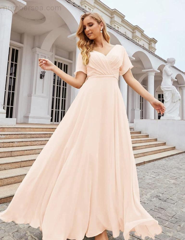 Numbersea Wrap V-Neck Chiffon Bridesmaid Dresses Long Formal Maxi Evening Gown for Wedding Guests SEA28049 by numbersea