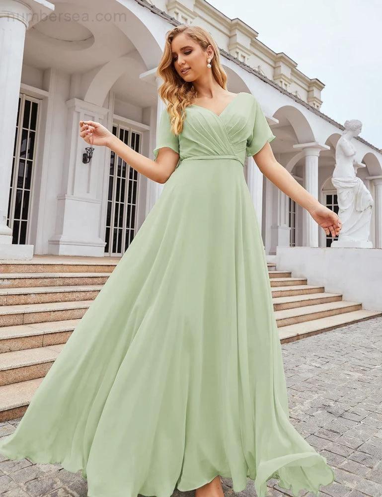 Numbersea Wrap V-Neck Chiffon Bridesmaid Dresses Long Formal Maxi Evening Gown for Wedding Guests SEA28049 by numbersea