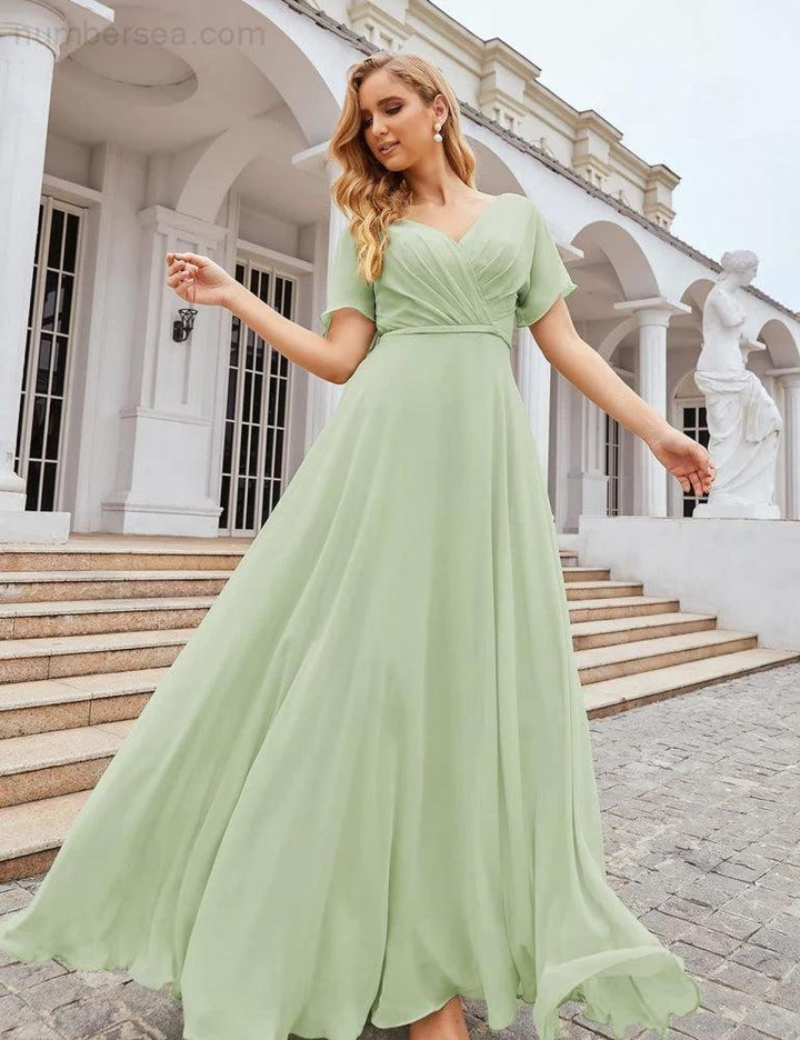 Numbersea Wrap V-Neck Chiffon Bridesmaid Dresses Long Formal Maxi Evening Gown for Wedding Guests SEA28049 by numbersea