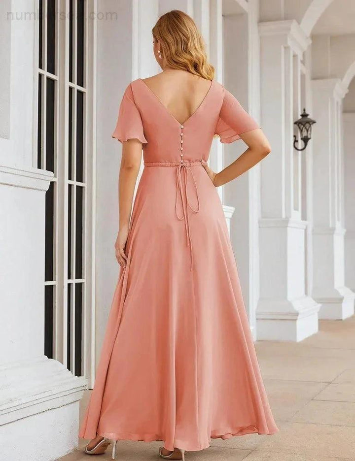 Numbersea Wrap V-Neck Chiffon Bridesmaid Dresses Long Formal Maxi Evening Gown for Wedding Guests SEA28049 by numbersea
