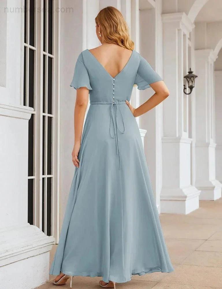 Numbersea Wrap V-Neck Chiffon Bridesmaid Dresses Long Formal Maxi Evening Gown for Wedding Guests SEA28049 by numbersea