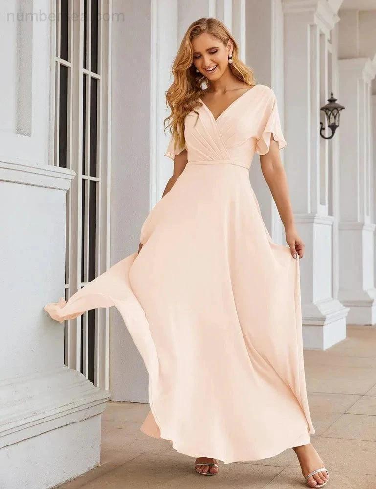 Numbersea Wrap V-Neck Chiffon Bridesmaid Dresses Long Formal Maxi Evening Gown for Wedding Guests SEA28049 by numbersea