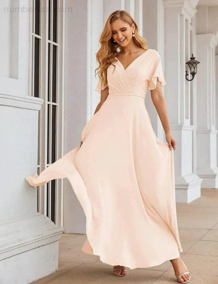 Numbersea Wrap V-Neck Chiffon Bridesmaid Dresses Long Formal Maxi Evening Gown for Wedding Guests SEA28049 by numbersea