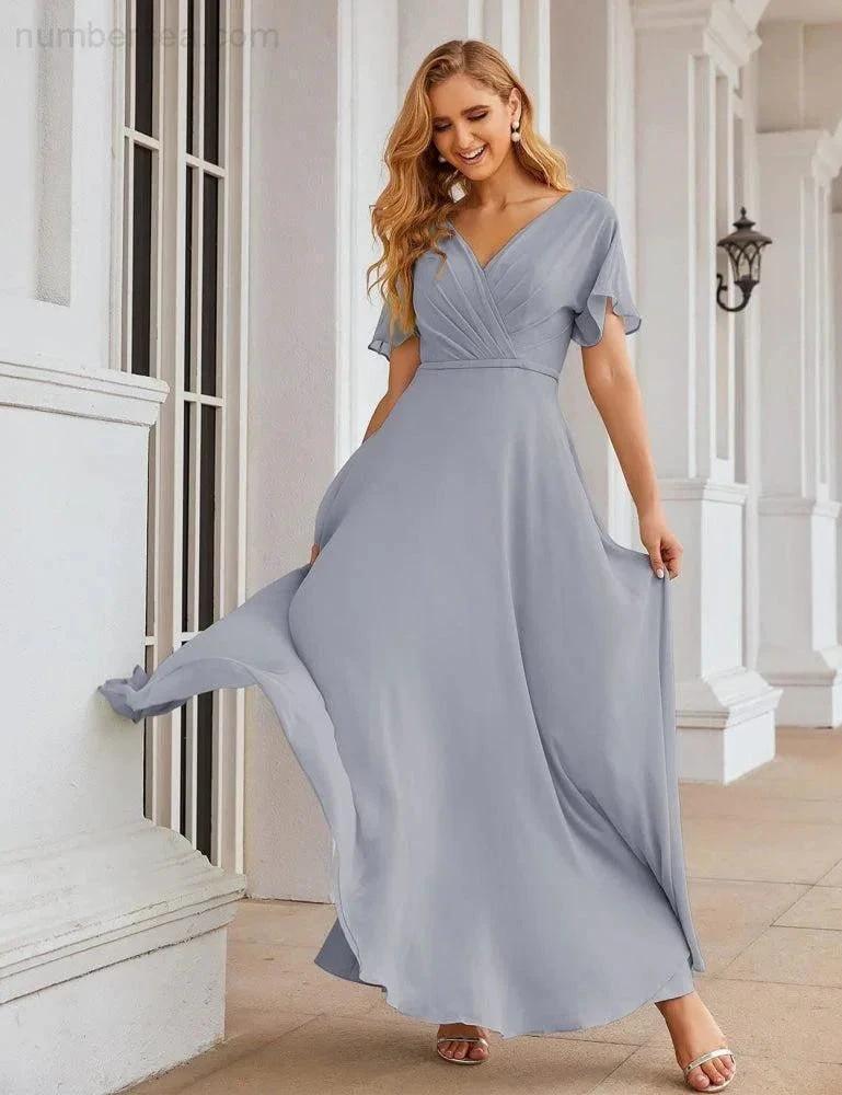 Numbersea Wrap V-Neck Chiffon Bridesmaid Dresses Long Formal Maxi Evening Gown for Wedding Guests SEA28049 by numbersea