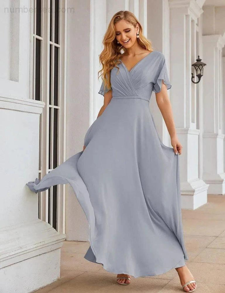 Numbersea Wrap V-Neck Chiffon Bridesmaid Dresses Long Formal Maxi Evening Gown for Wedding Guests SEA28049 by numbersea